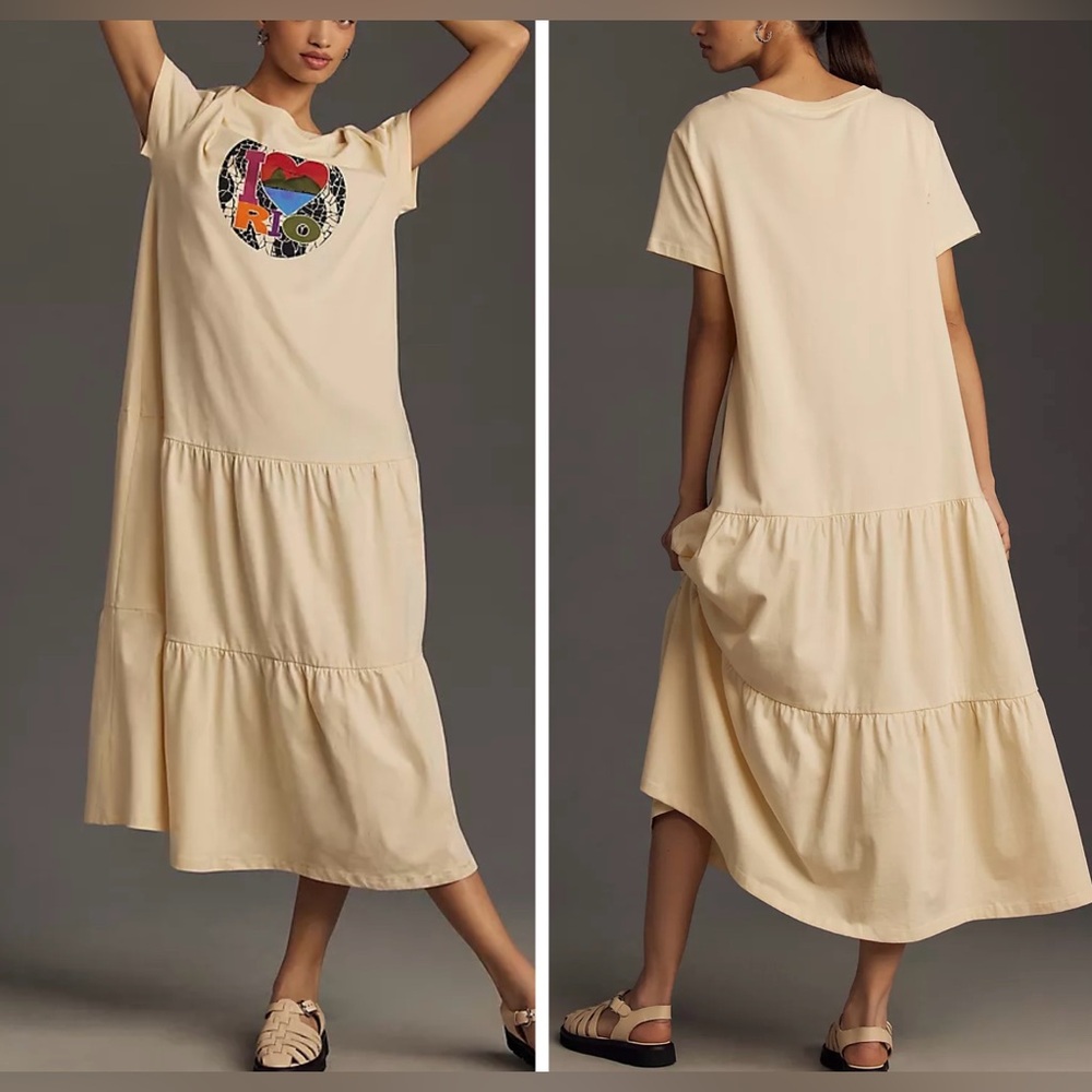 Farm Rio ‘I Love Rio’ Tiered Short Sleeve Midi Dress, Size S